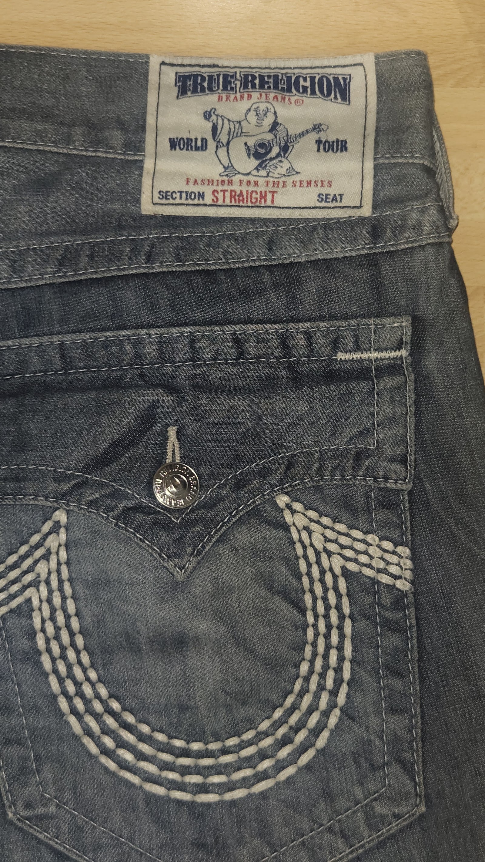 True Religion Washed Blue Heavy Stitch Flap Pocket Distressed Jeans, W36, photo 10