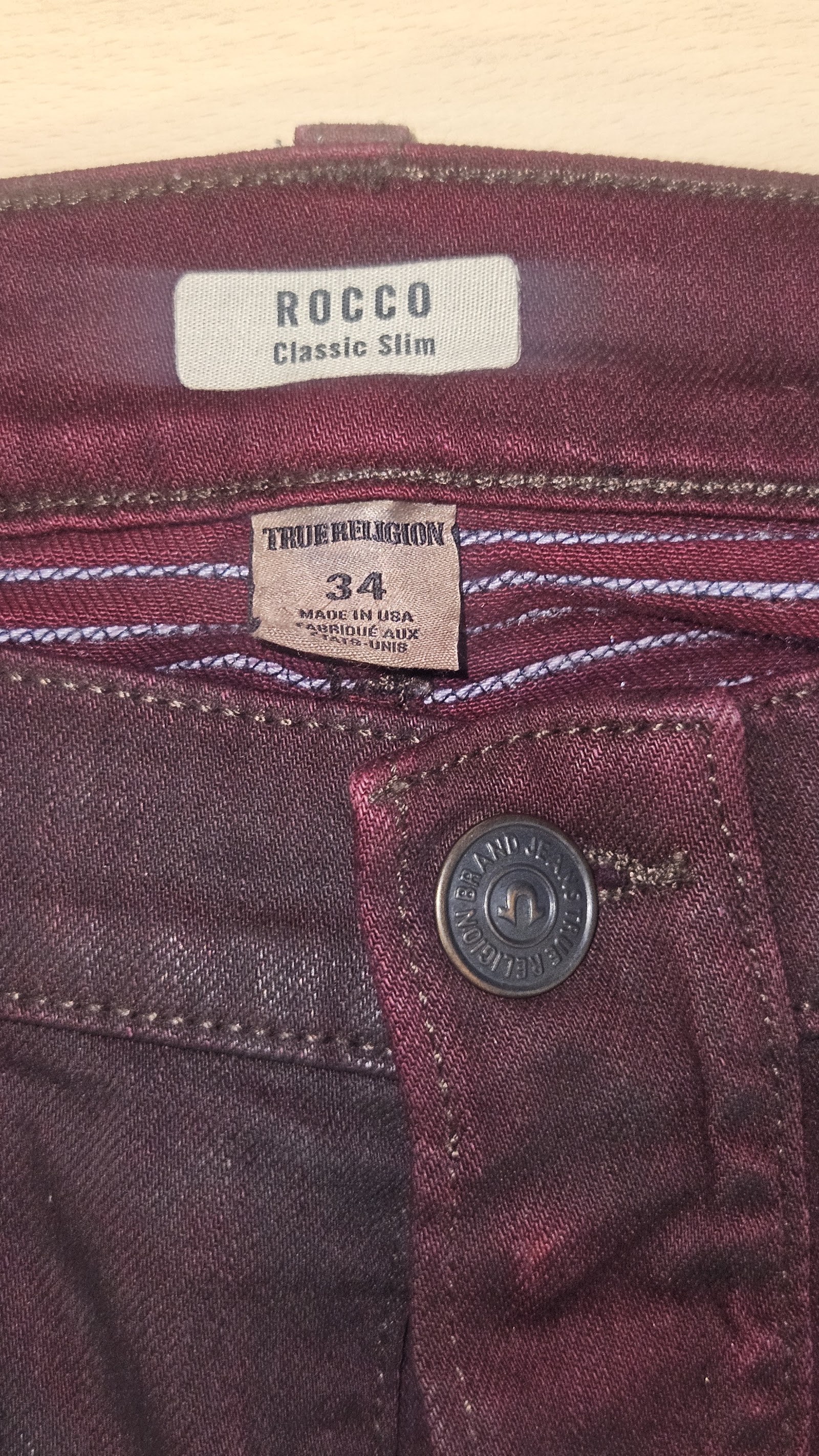 True Religion Rocco Burgundy Classic Slim Jeans, W34, photo 3
