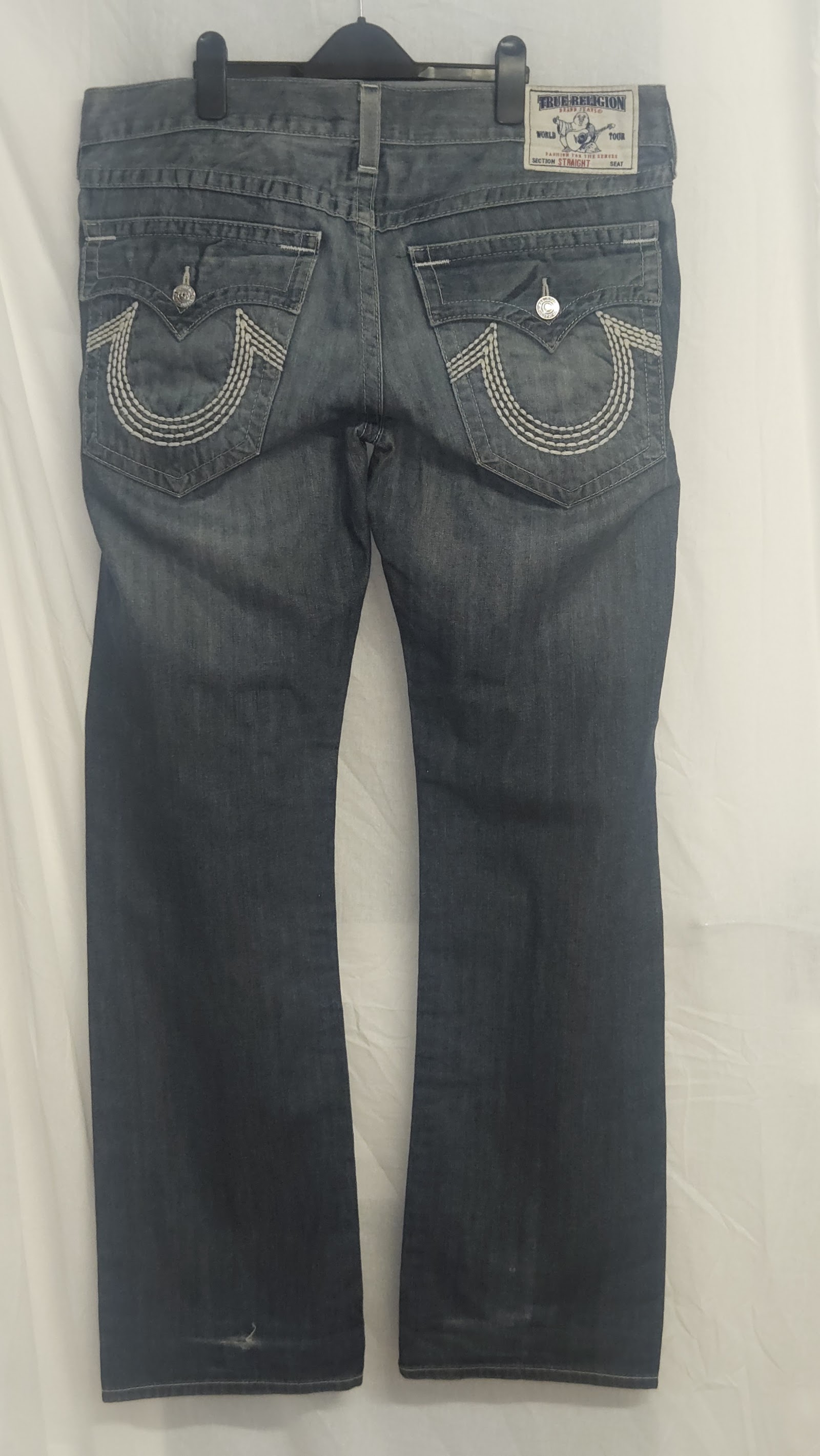 True Religion Washed Blue Heavy Stitch Flap Pocket Distressed Jeans