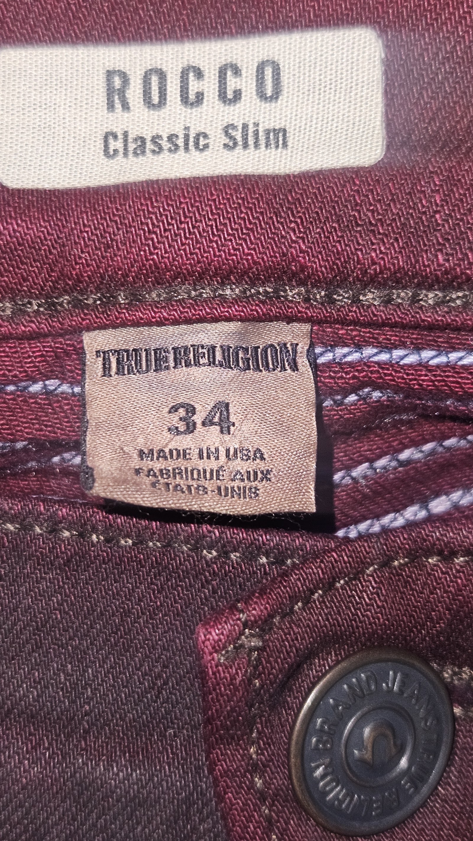 True Religion Rocco Burgundy Classic Slim Jeans, W34, photo 4