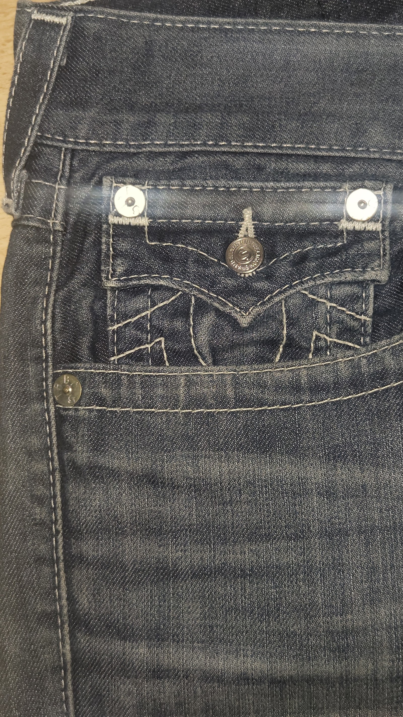 True Religion Washed Blue Heavy Stitch Flap Pocket Distressed Jeans, W36, photo 5