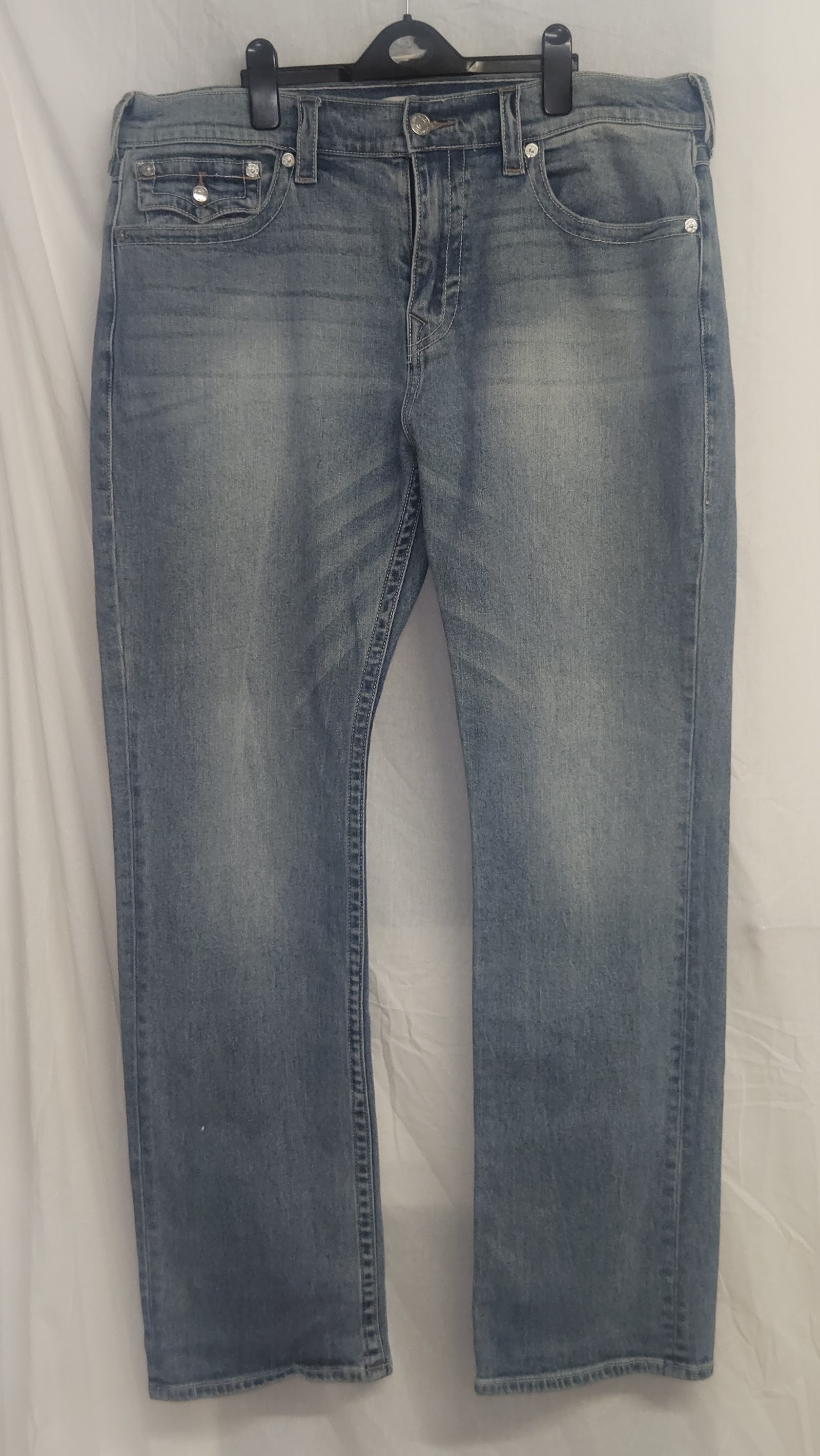 True Religion Ricky Blue Washed Flap Pocket Relaxed Straight Jeans