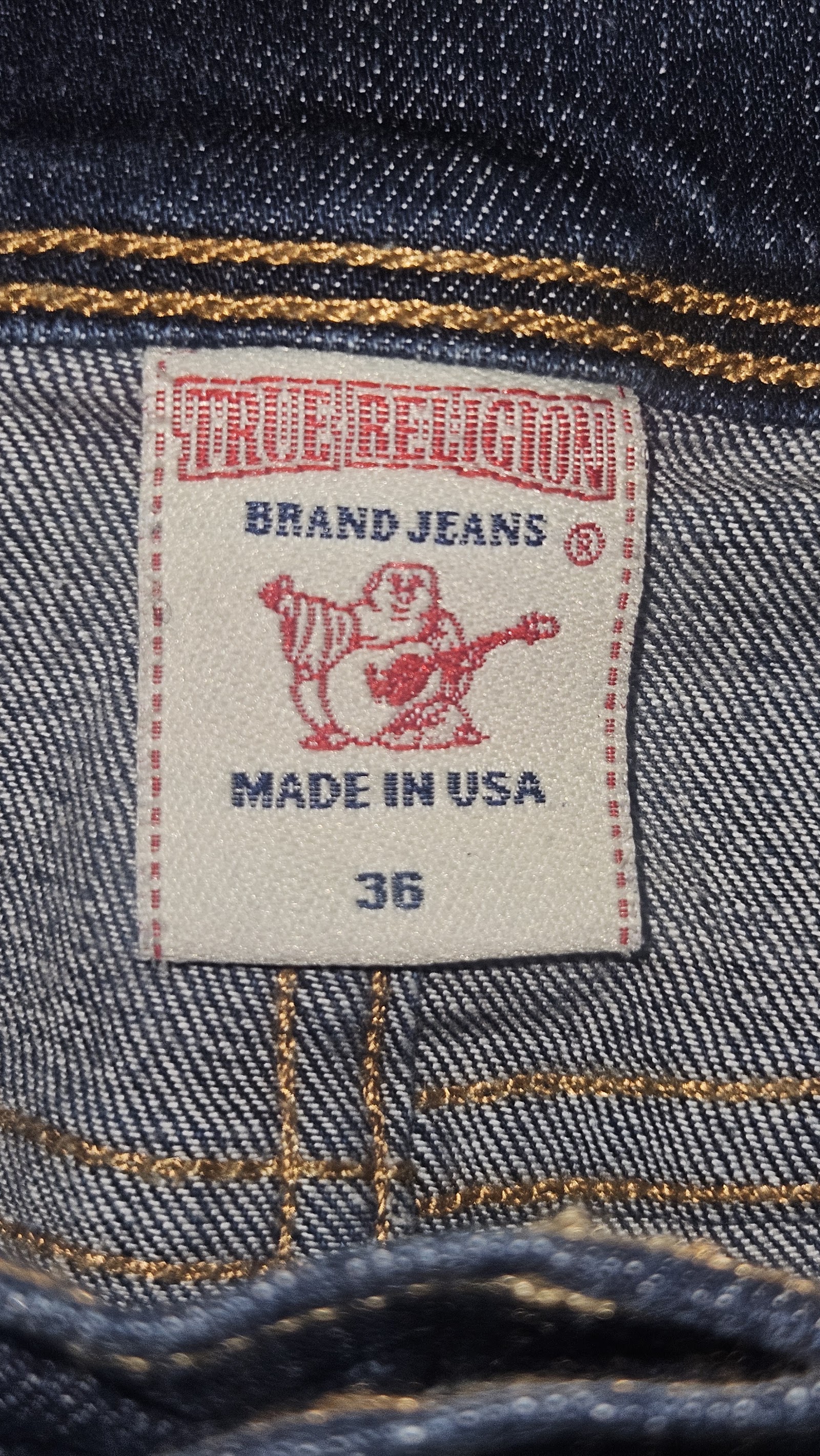 True Religion Dark Indigo Gold Stitch Button Fly Horseshoe Jeans, W36, photo 3