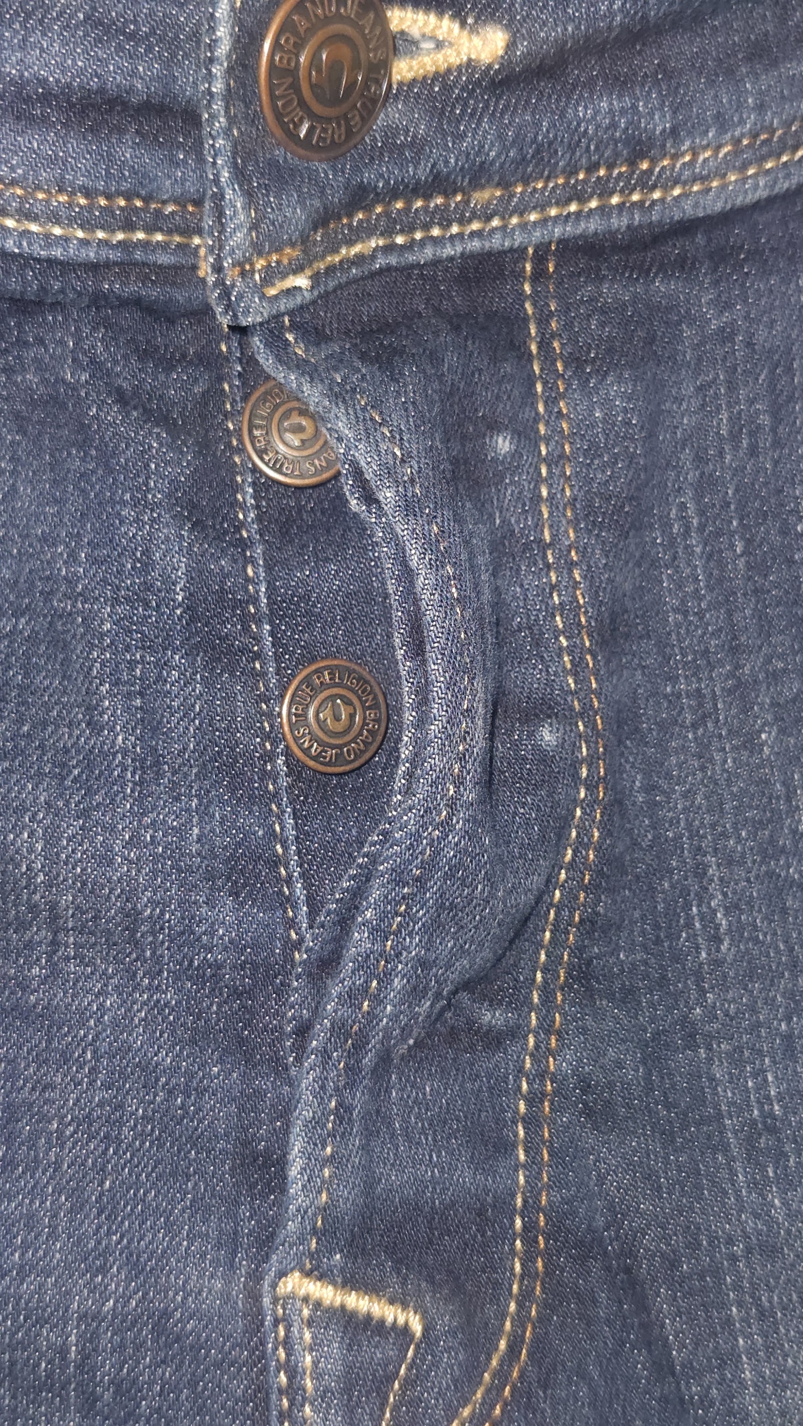 True Religion Dark Indigo Gold Stitch Button Fly Horseshoe Jeans, W36, photo 8