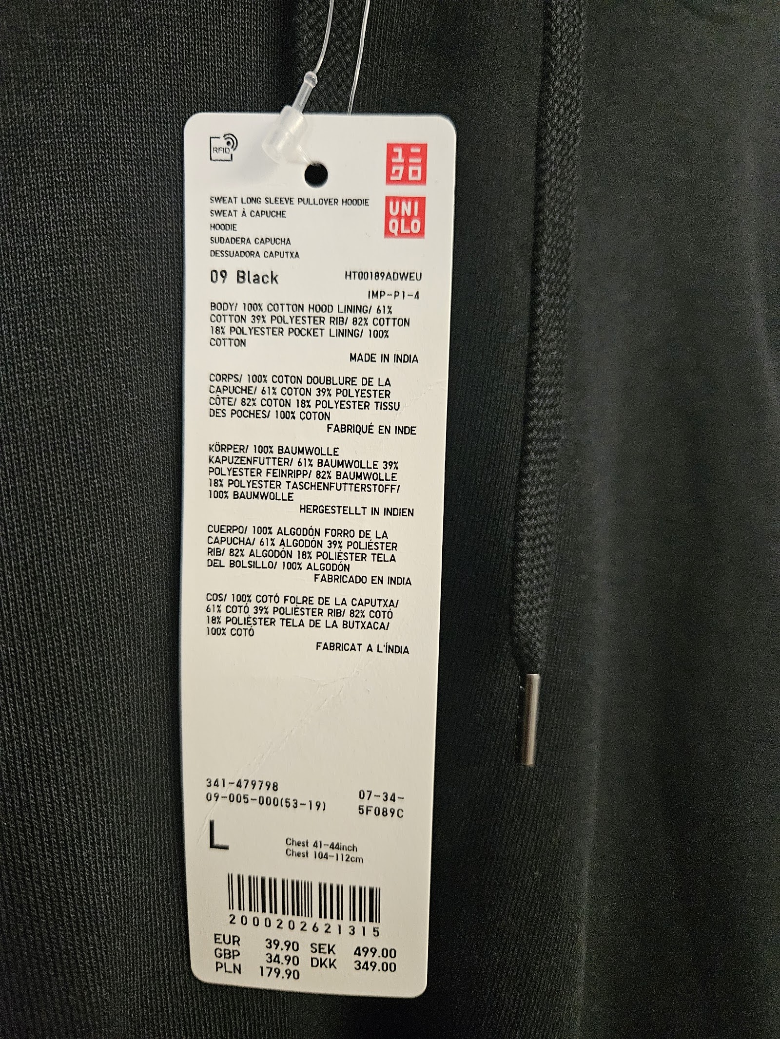Genuine Uniqlo Black pullover hoodie with tags, Large, photo 2