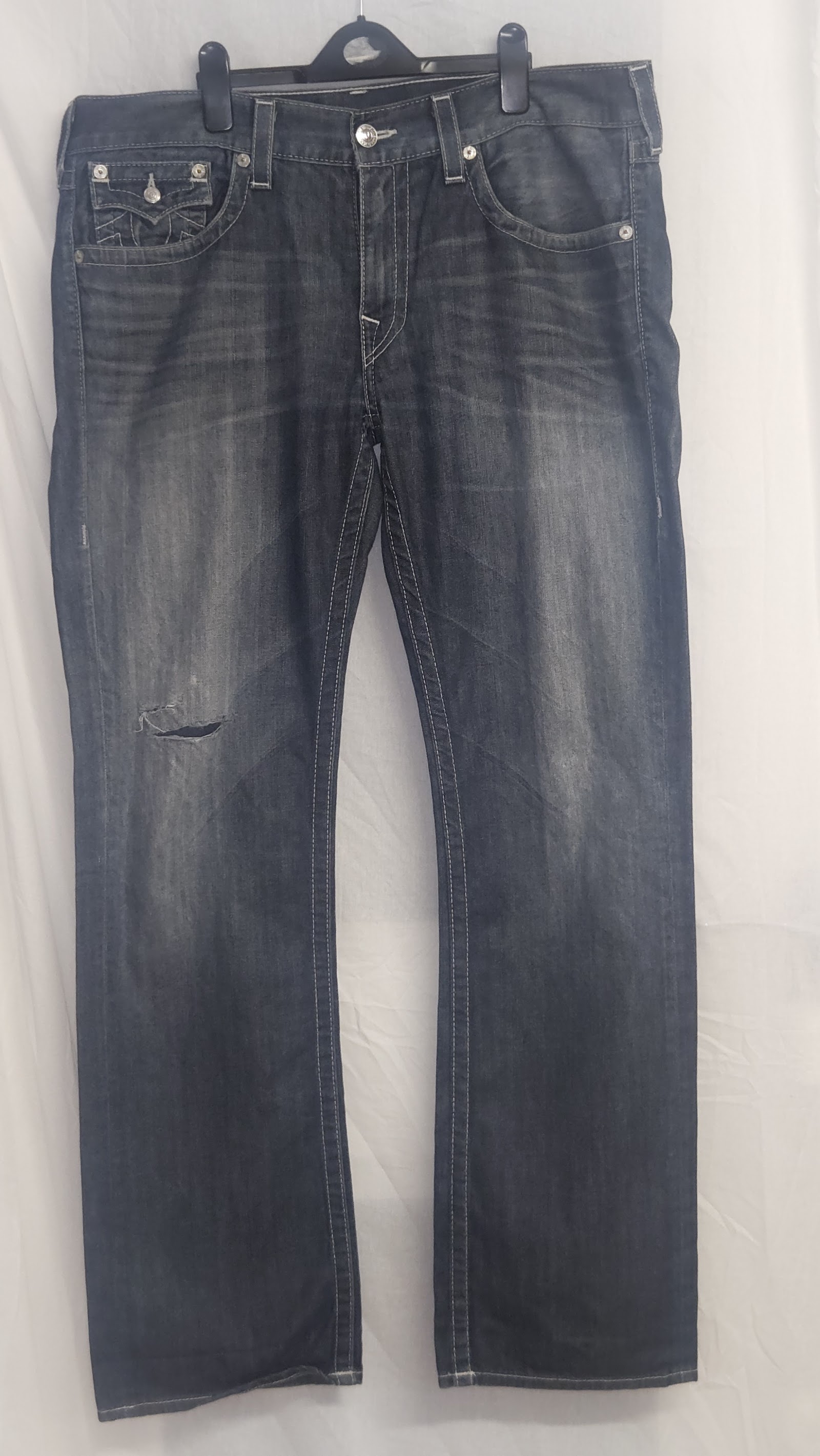 True Religion Washed Blue Heavy Stitch Flap Pocket Distressed Jeans, W36, photo 2