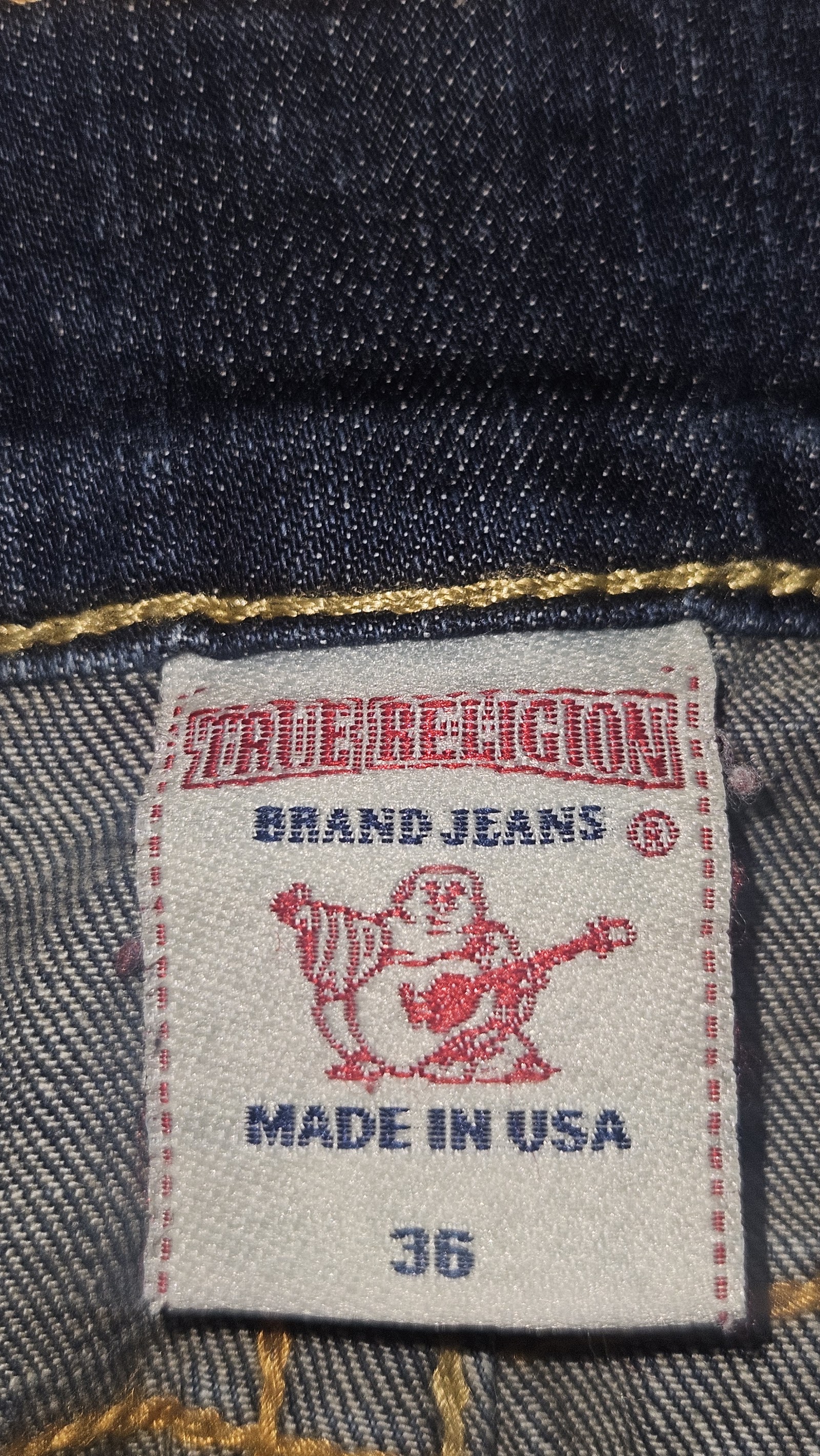 True Religion Dark Blue Gold Stitch Horseshoe Pocket Jeans, W36, photo 3