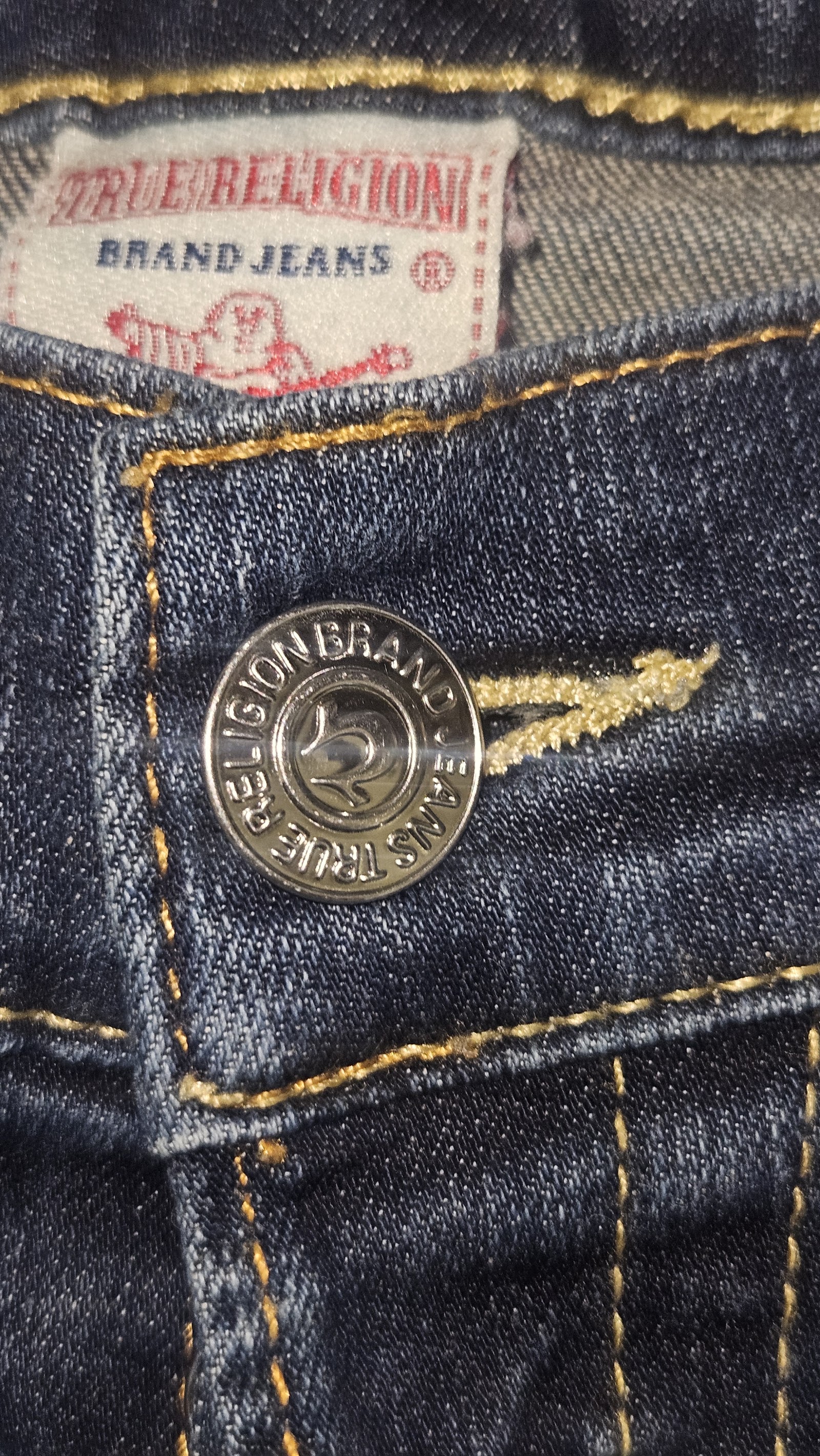 True Religion Dark Blue Gold Stitch Horseshoe Pocket Jeans, W36, photo 5