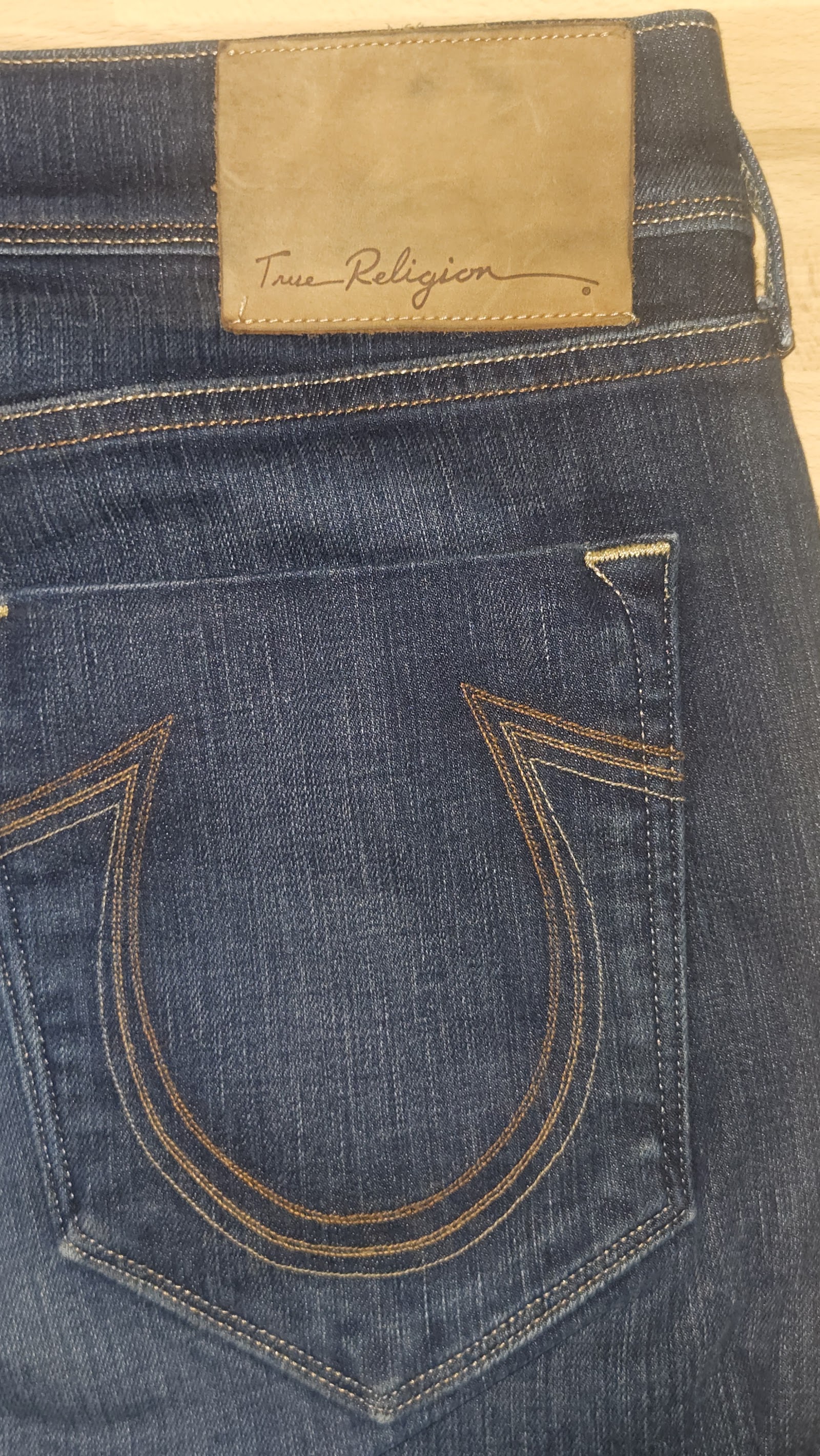 True Religion Dark Indigo Gold Stitch Button Fly Horseshoe Jeans, W36, photo 5