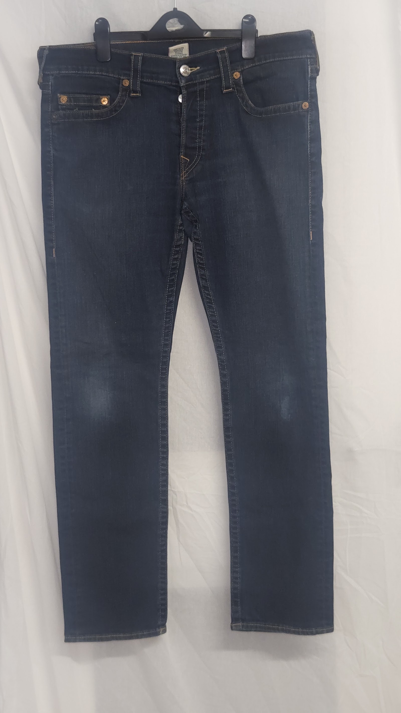 True Religion Dark Blue Gold Stitch Horseshoe Pocket Jeans