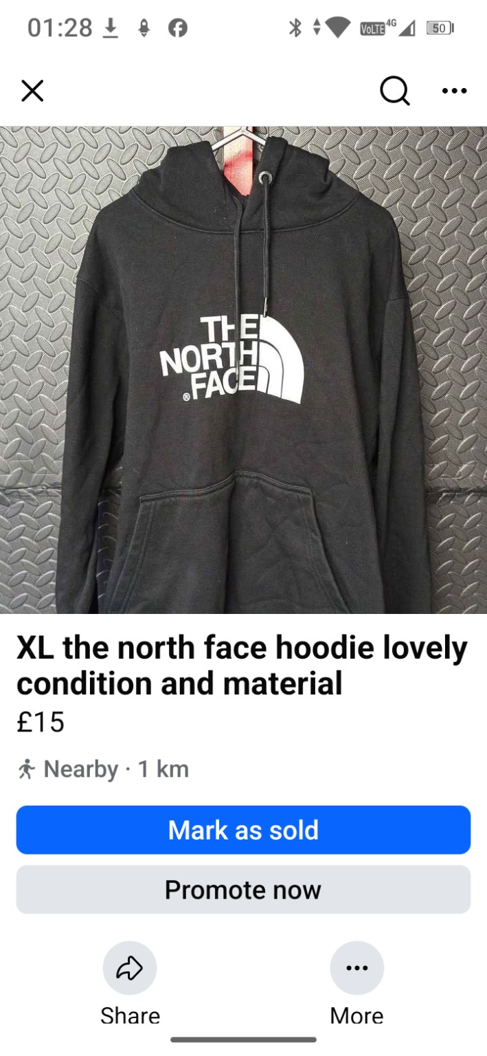 Genuine The North Face Black logo pullover hoodie, XL, photo 2
